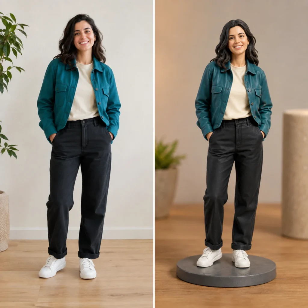 Example showing a customer photo beside a finished personalized figurine